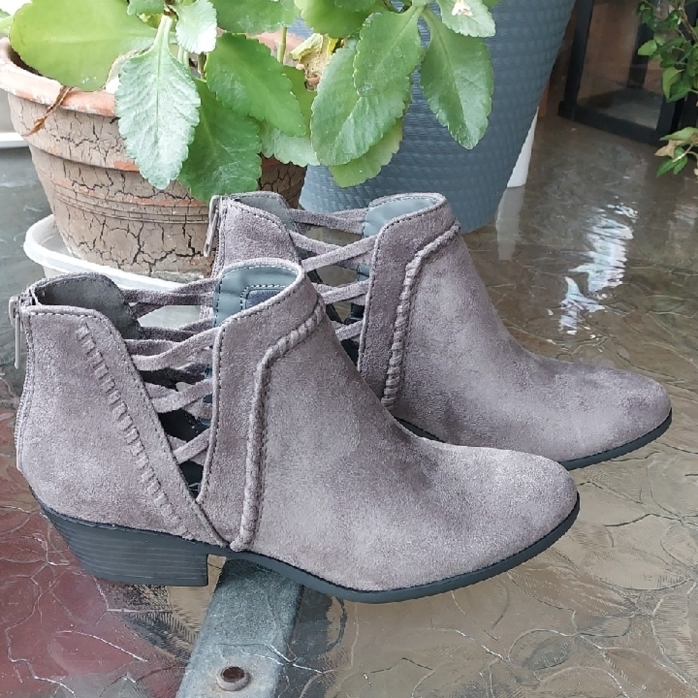 Gray Suede Soda Pop Ankle Booties with Cutout Detail